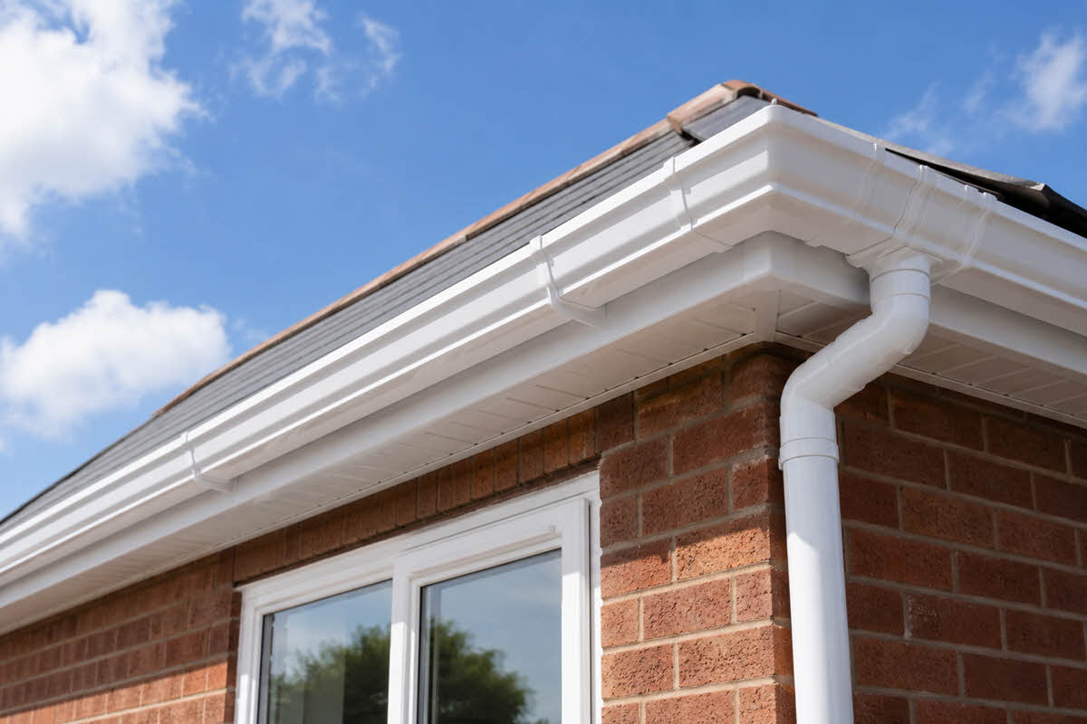 corner view of top floor of detached house with cleaned gutters